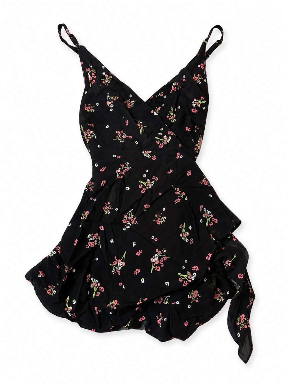 Free People black Floral Wrap Romper with Pink & Green Accents
